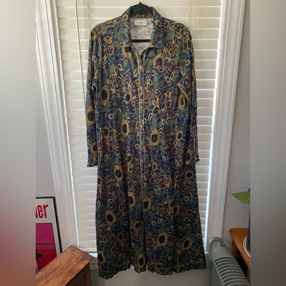 NATURAL LIFE Long-Sleeve Floral Button-Front Dress in Navy and Mustard